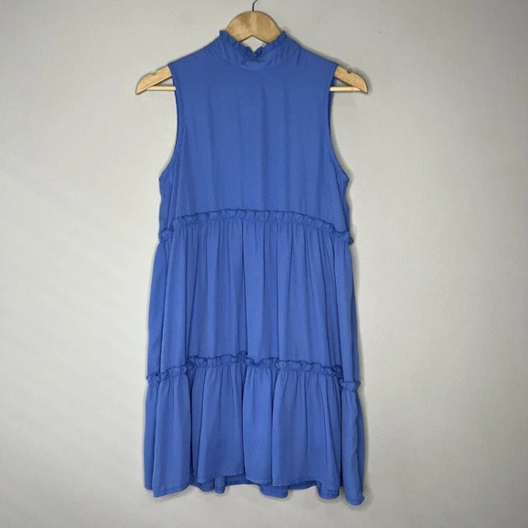 Hudson Gray Blue Halter Neck Mini Short Dress Sleeves Ruffle Tiered Sz S - Picture 1 of 10